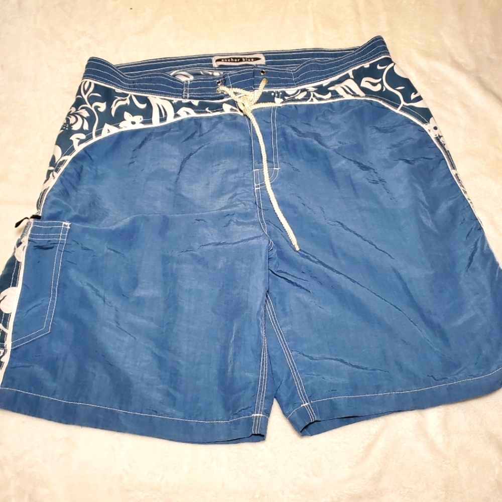 Men's Anchor Blue Board Shorts Swim Trunks Zipper Pocket Size 40 X 22‎  XL GUC